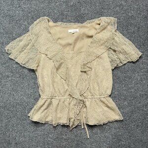 June & Hudson Womens Blouse Beige Lace Floral Short Sleeve Ruffles Juniors 1